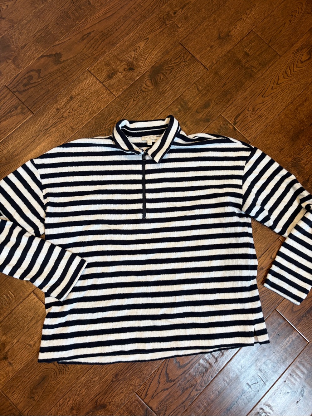 Talbots Navy & White Striped Zip Collar Sweater